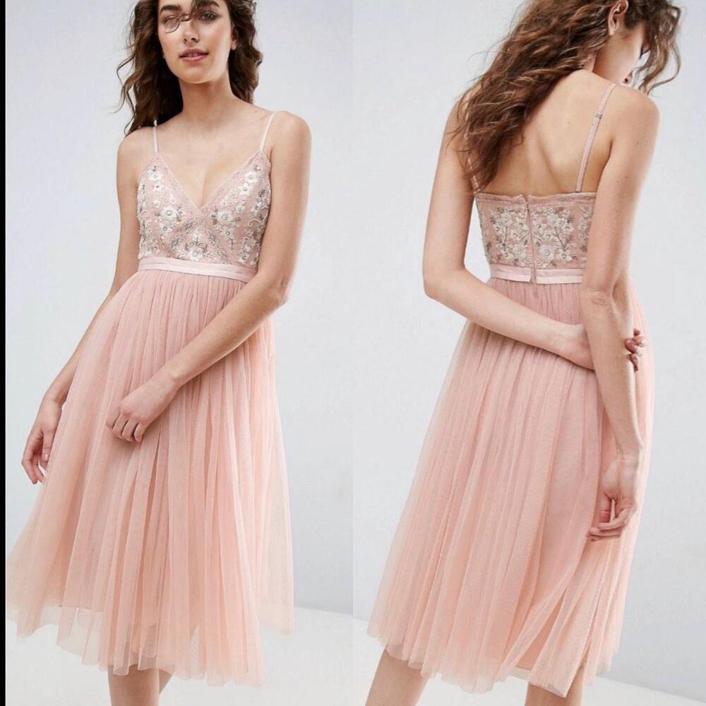 Needle & Thread Pink V-Neck Floral Embroidered Tulle Midi Dress